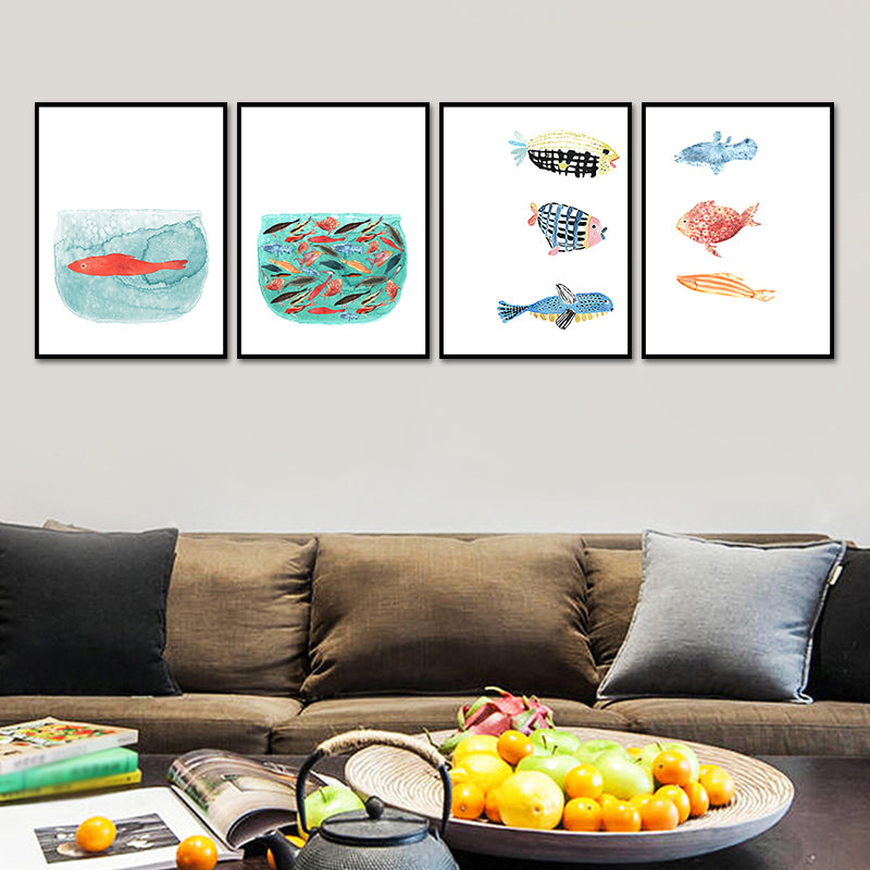 Fish Drawing Wall Decor Textured Childrens Art Dining Room Canvas Print in White White One Set Clearhalo 'Art Gallery' 'Canvas Art' 'Kids' Arts' 1640010