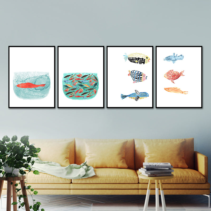 Fish Drawing Wall Decor Textured Childrens Art Dining Room Canvas Print in White Clearhalo 'Art Gallery' 'Canvas Art' 'Kids' Arts' 1640011