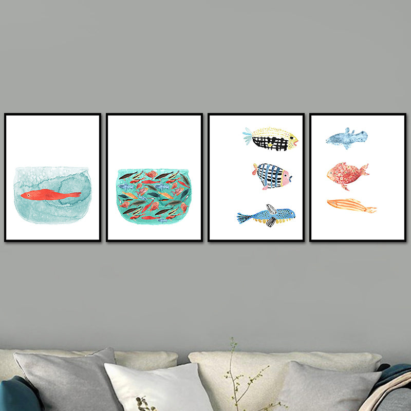 Fish Drawing Wall Decor Textured Childrens Art Dining Room Canvas Print in White Clearhalo 'Art Gallery' 'Canvas Art' 'Kids' Arts' 1640012