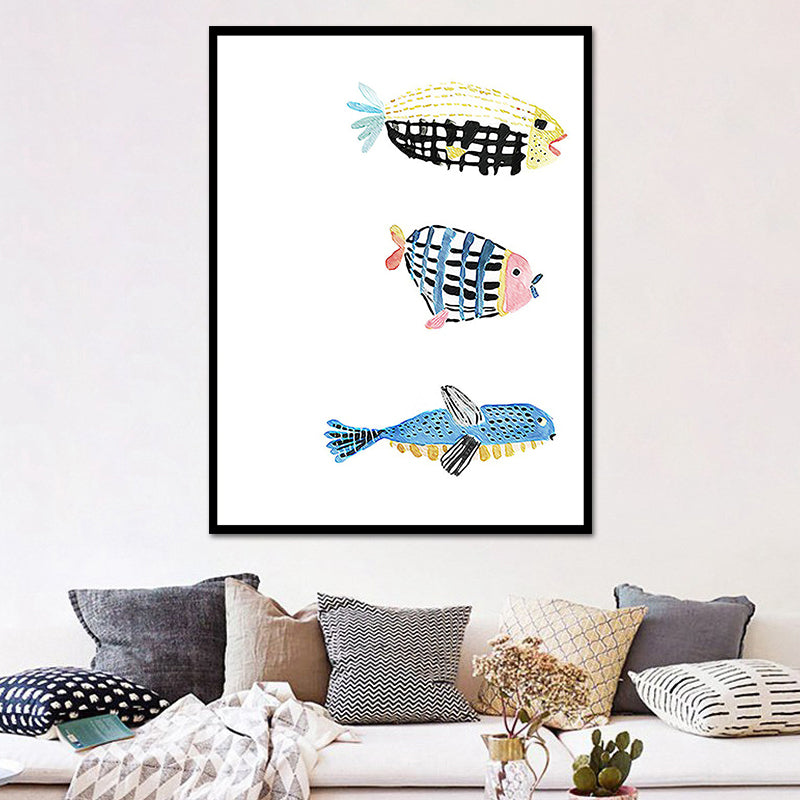 Fish Drawing Wall Decor Textured Childrens Art Dining Room Canvas Print in White White Design 3 Clearhalo 'Art Gallery' 'Canvas Art' 'Kids' Arts' 1640031