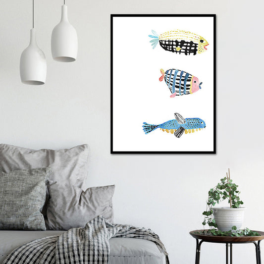 Fish Drawing Wall Decor Textured Childrens Art Dining Room Canvas Print in White Clearhalo 'Art Gallery' 'Canvas Art' 'Kids' Arts' 1640032