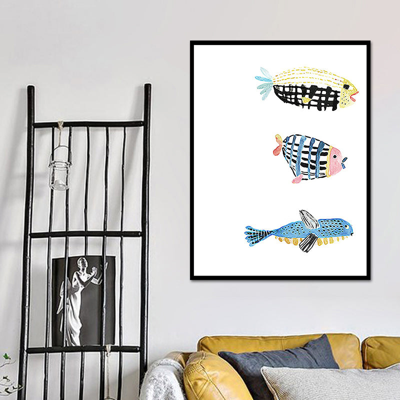 Fish Drawing Wall Decor Textured Childrens Art Dining Room Canvas Print in White Clearhalo 'Art Gallery' 'Canvas Art' 'Kids' Arts' 1640033