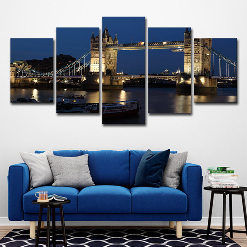 Night London Tower Bridge Canvas Blue Global Inspired Wall Art Decor for Living Room - Blue - Clearhalo - 'Arts' - 'Canvas Art' - 1640164