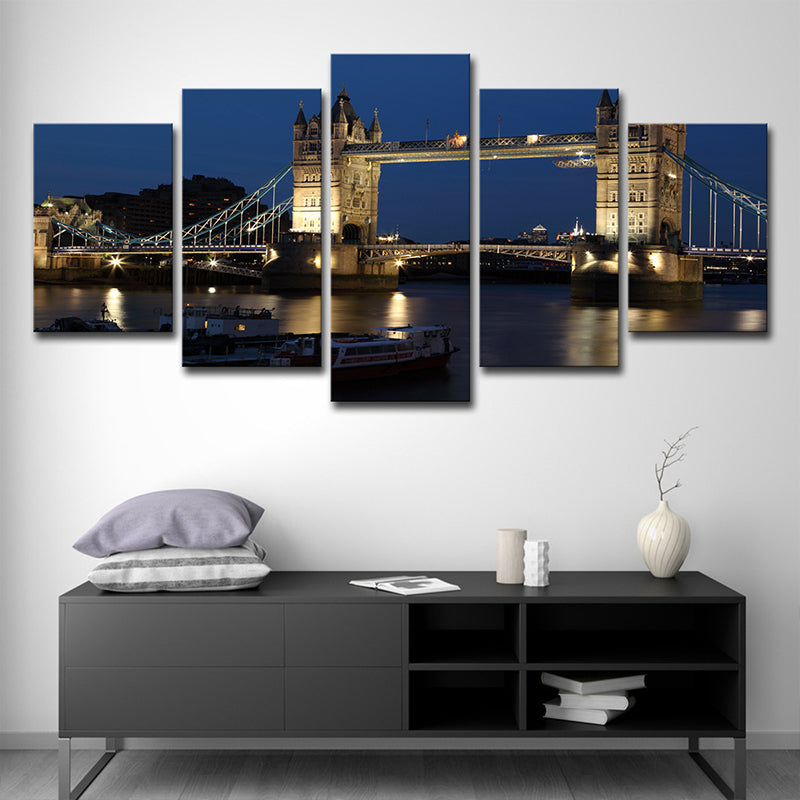 Night London Tower Bridge Canvas Blue Global Inspired Wall Art Decor for Living Room - Clearhalo - 'Arts' - 'Canvas Art' - 1640165