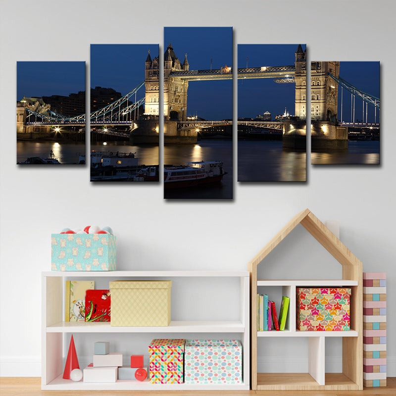 Night London Tower Bridge Canvas Blue Global Inspired Wall Art Decor for Living Room Clearhalo 'Arts' 'Canvas Art' 1640166