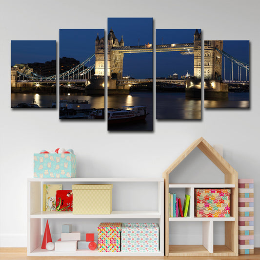 Night London Tower Bridge Canvas Blue Global Inspired Wall Art Decor for Living Room - Clearhalo - 'Arts' - 'Canvas Art' - 1640166