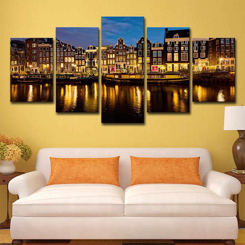 Multi-Piece Night Amsterdam Canal Art Print Canvas Global Inspired Wall Decor for Foyer Gold Clearhalo 'Arts' 'Canvas Art' 1640206