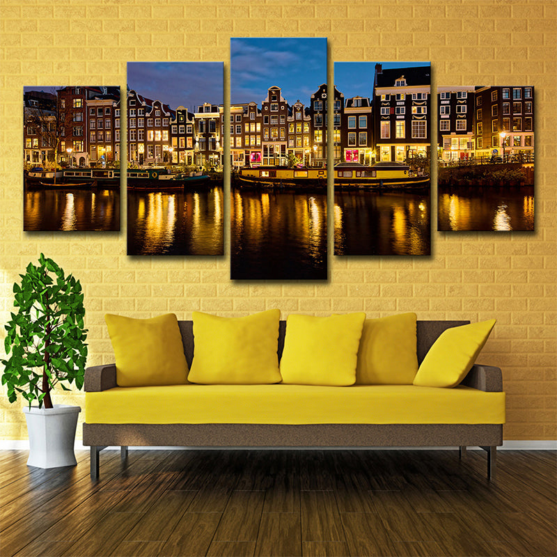 Multi-Piece Night Amsterdam Canal Art Print Canvas Global Inspired Wall Decor for Foyer Clearhalo 'Arts' 'Canvas Art' 1640207