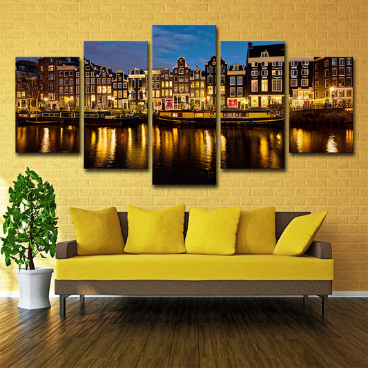 Multi-Piece Night Amsterdam Canal Art Print Canvas Global Inspired Wall Decor for Foyer - Clearhalo - 'Arts' - 'Canvas Art' - 1640207