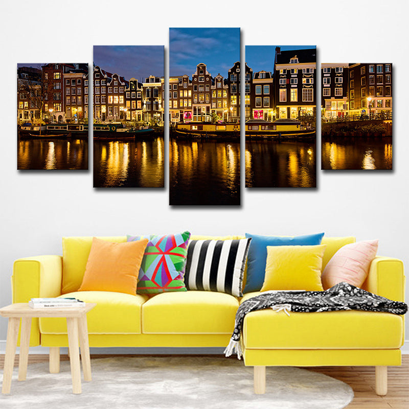 Multi-Piece Night Amsterdam Canal Art Print Canvas Global Inspired Wall Decor for Foyer Clearhalo 'Arts' 'Canvas Art' 1640208