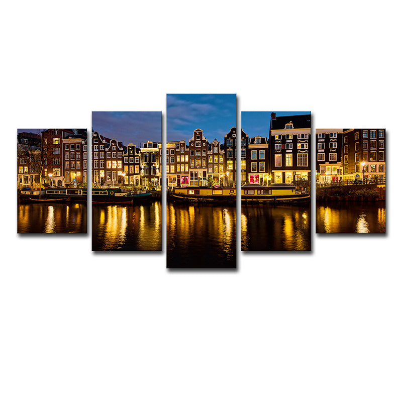 Multi-Piece Night Amsterdam Canal Art Print Canvas Global Inspired Wall Decor for Foyer Clearhalo 'Arts' 'Canvas Art' 1640209
