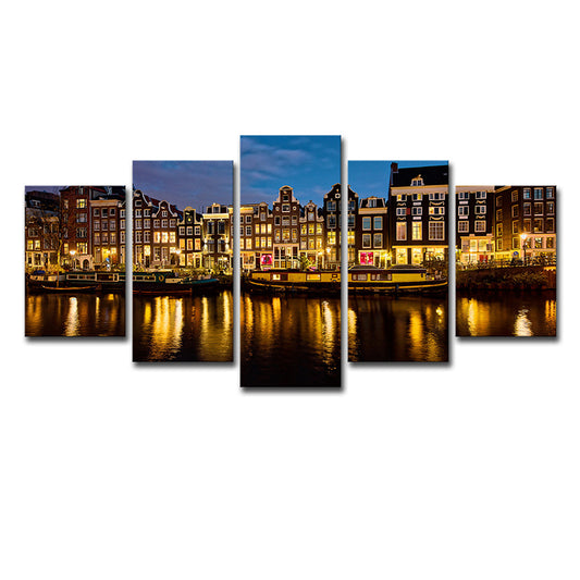 Multi-Piece Night Amsterdam Canal Art Print Canvas Global Inspired Wall Decor for Foyer - Clearhalo - 'Arts' - 'Canvas Art' - 1640209