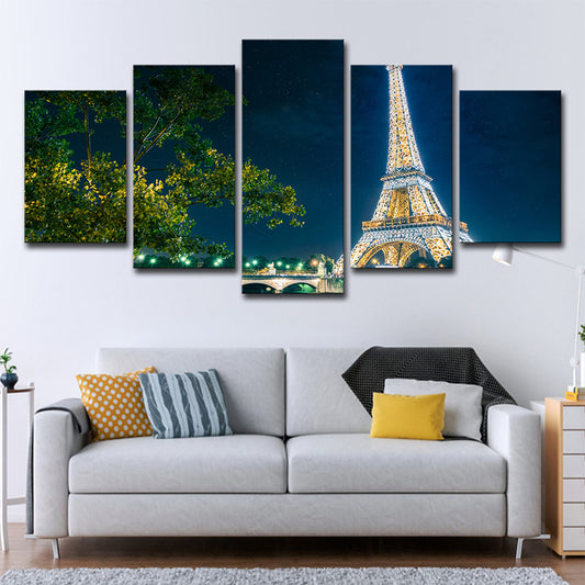 Global Inspired Canvas Wall Art Green Tree and Eiffel Tower at Night Wall Decor for Home