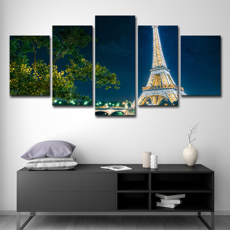 Global Inspired Canvas Wall Art Green Tree and Eiffel Tower at Night Wall Decor for Home Clearhalo 'Arts' 'Canvas Art' 1640215