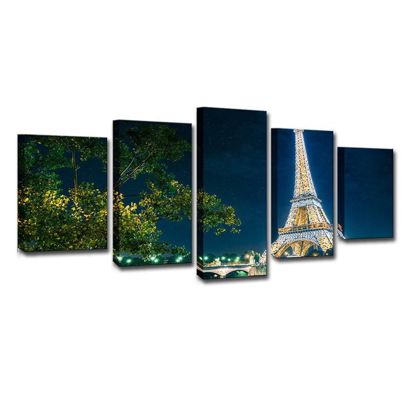 Global Inspired Canvas Wall Art Green Tree and Eiffel Tower at Night Wall Decor for Home Clearhalo 'Arts' 'Canvas Art' 1640216