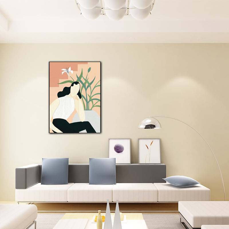 Modern Girl Portrait Painting Light-Color Bedroom Wall Art, Textured Surface Orange Clearhalo 'Arts' 'Canvas Art' 1640227
