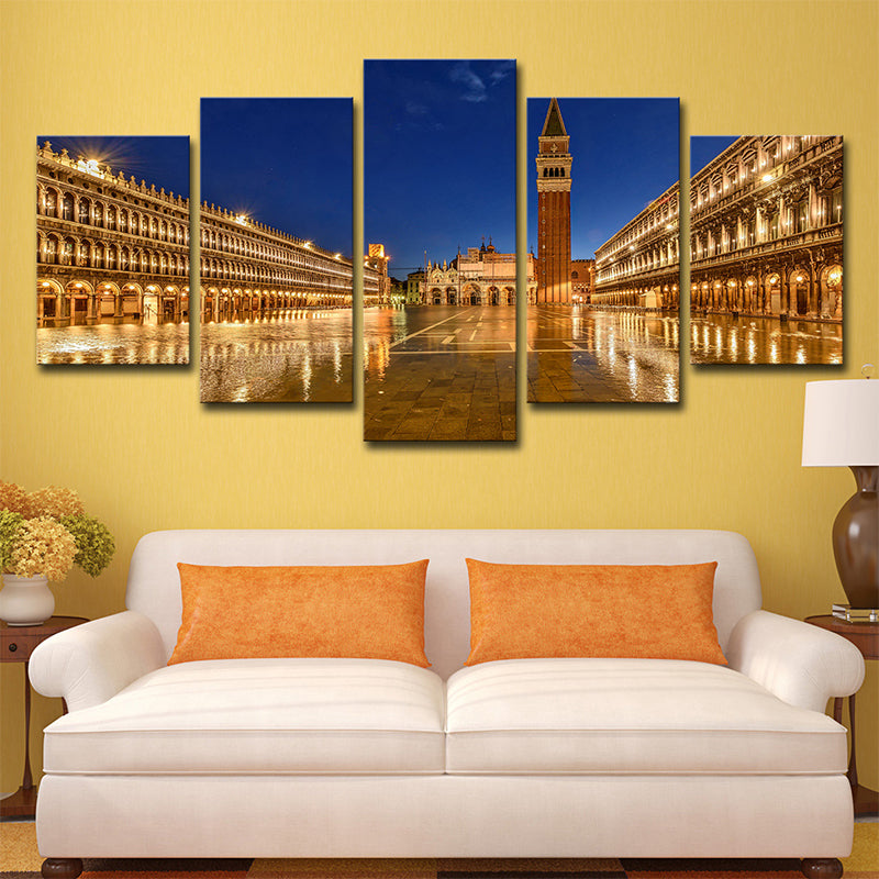 Piazza San Marco Night Canvas Print Global Inspired Multi-Piece Wall Art Decor in Gold - Gold - Clearhalo - 'Arts' - 'Canvas Art' - 1640248