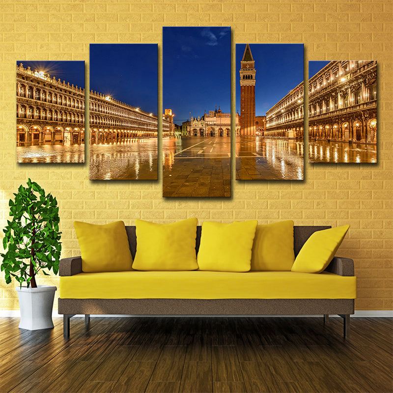 Piazza San Marco Night Canvas Print Global Inspired Multi-Piece Wall Art Decor in Gold - Clearhalo - 'Arts' - 'Canvas Art' - 1640249