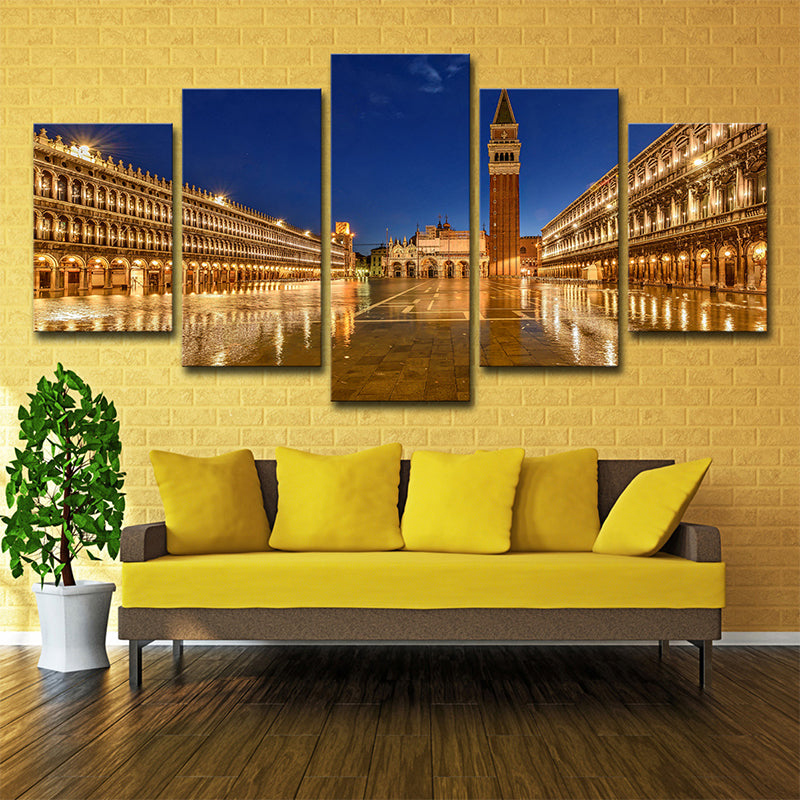 Piazza San Marco Night Canvas Print Global Inspired Multi-Piece Wall Art Decor in Gold Clearhalo 'Arts' 'Canvas Art' 1640249