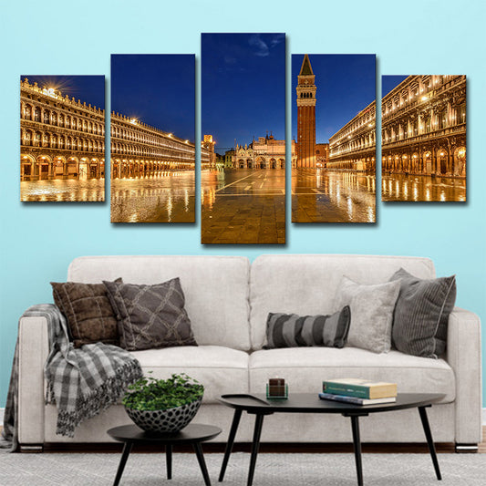 Piazza San Marco Night Canvas Print Global Inspired Multi-Piece Wall Art Decor in Gold - Clearhalo - 'Arts' - 'Canvas Art' - 1640250