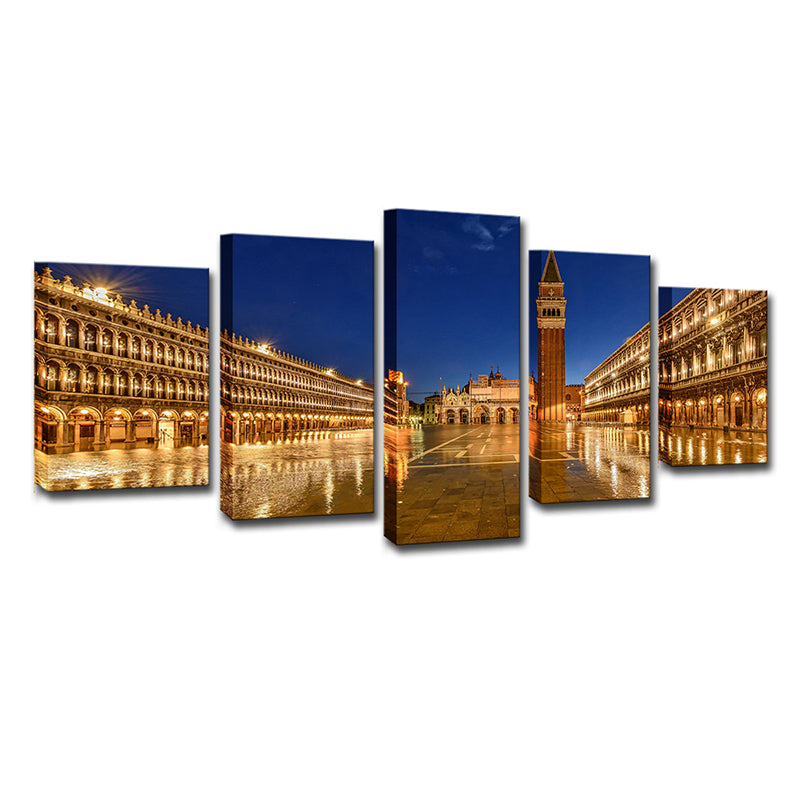 Piazza San Marco Night Canvas Print Global Inspired Multi-Piece Wall Art Decor in Gold - Clearhalo - 'Arts' - 'Canvas Art' - 1640251