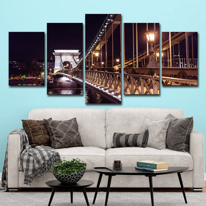 Black Szechenyi Chain Bridge Canvas Art Night Scenery Modern Multi-Piece Wall Decor Black Clearhalo 'Arts' 'Canvas Art' 1640263