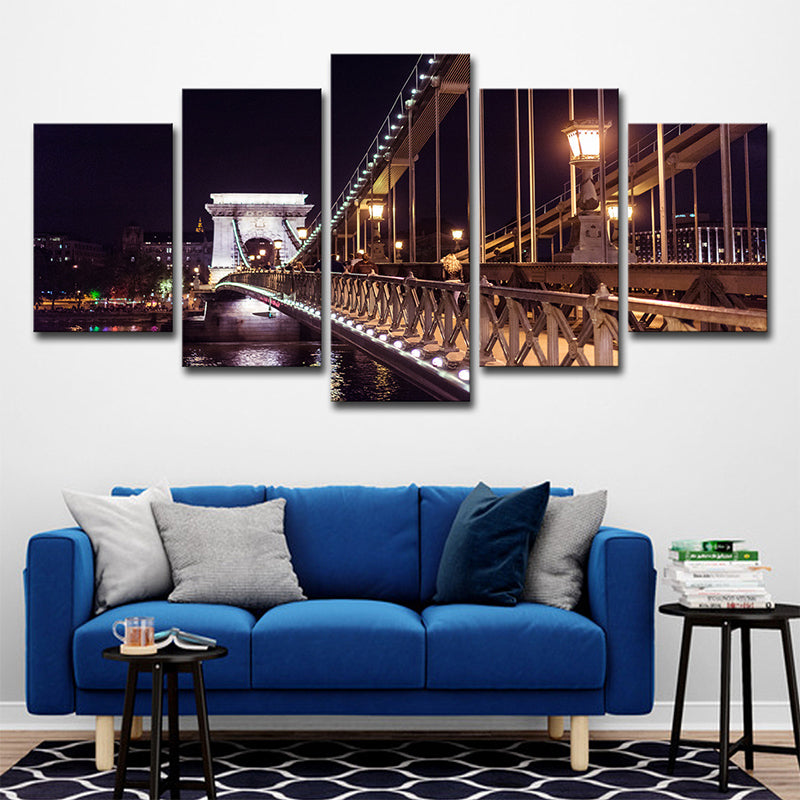 Black Szechenyi Chain Bridge Canvas Art Night Scenery Modern Multi-Piece Wall Decor Clearhalo 'Arts' 'Canvas Art' 1640265