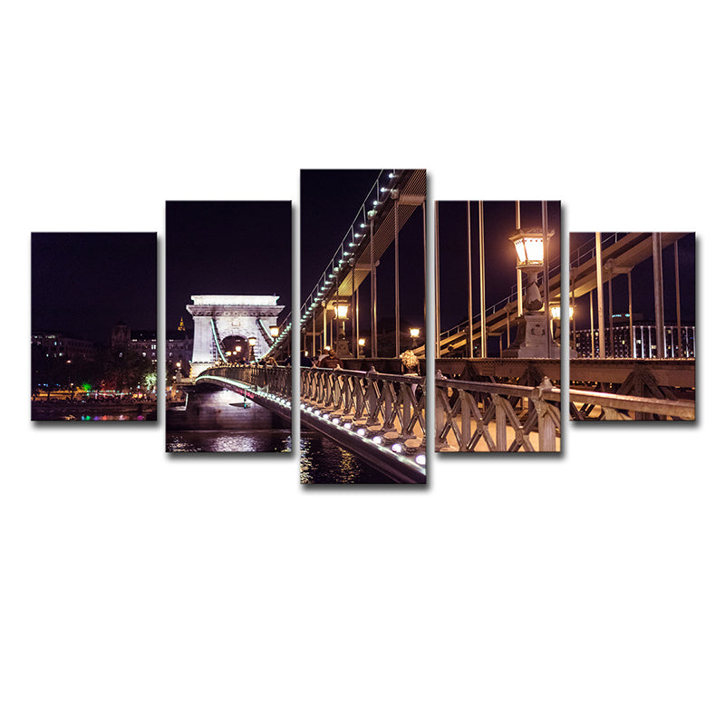 Black Szechenyi Chain Bridge Canvas Art Night Scenery Modern Multi-Piece Wall Decor Clearhalo 'Arts' 'Canvas Art' 1640266