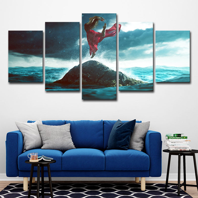 Blue and Red Tropix Canvas Art Woman Dancing on the Rock in Ocean Wall Decor for Home Blue Clearhalo 'Art Gallery' 'Canvas Art' 'Coastal Art Gallery' 'Nautical' Arts' 1640270