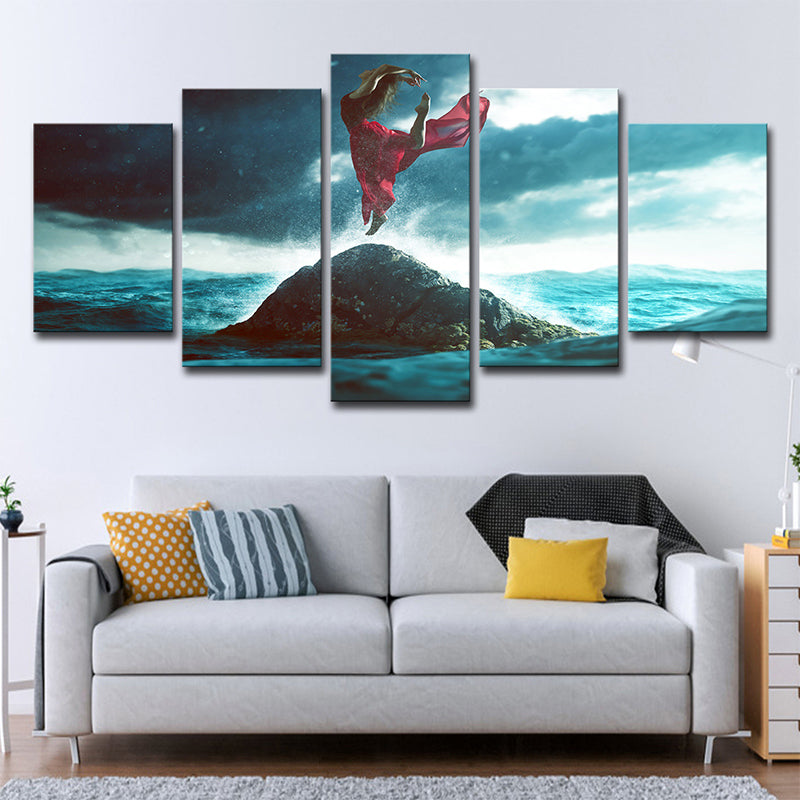 Blue and Red Tropix Canvas Art Woman Dancing on the Rock in Ocean Wall Decor for Home Clearhalo 'Art Gallery' 'Canvas Art' 'Coastal Art Gallery' 'Nautical' Arts' 1640271