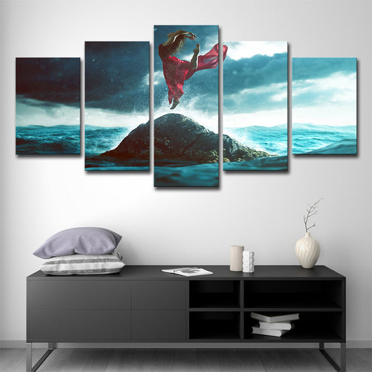 Blue and Red Tropix Canvas Art Woman Dancing on the Rock in Ocean Wall Decor for Home Clearhalo 'Art Gallery' 'Canvas Art' 'Coastal Art Gallery' 'Nautical' Arts' 1640272