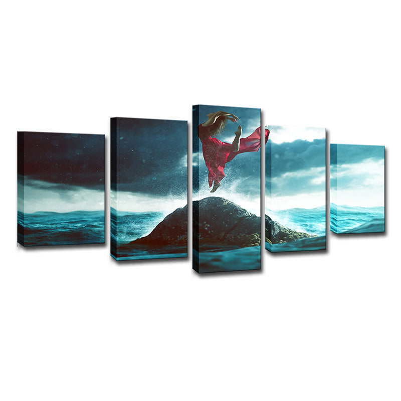 Blue and Red Tropix Canvas Art Woman Dancing on the Rock in Ocean Wall Decor for Home Clearhalo 'Art Gallery' 'Canvas Art' 'Coastal Art Gallery' 'Nautical' Arts' 1640273