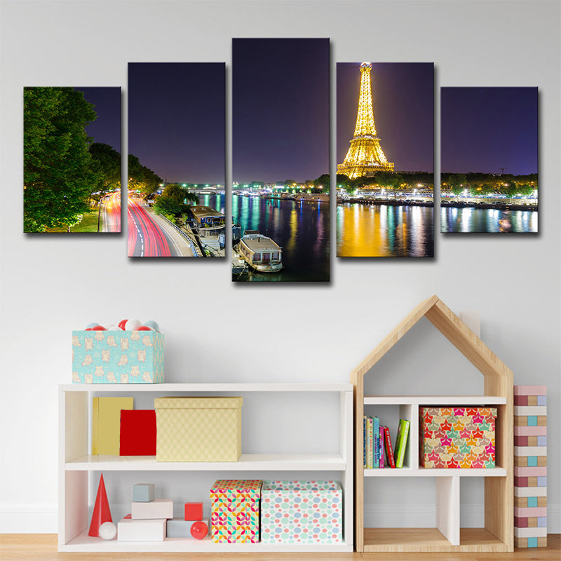 Canvas Green Wall Decor Global Inspired Riverside Eiffel Tower Night Scene Art Print Green Clearhalo 'Arts' 'Canvas Art' 1640277
