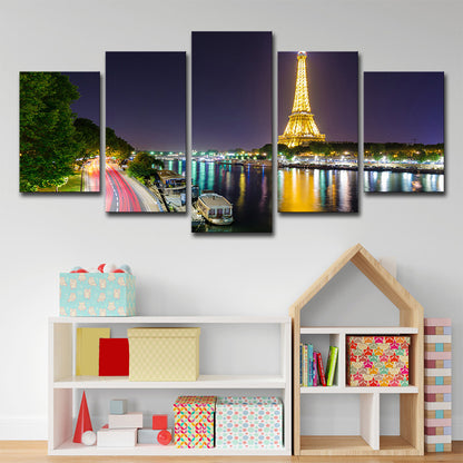 Canvas Green Wall Decor Global Inspired Riverside Eiffel Tower Night Scene Art Print Green Clearhalo 'Arts' 'Canvas Art' 1640277