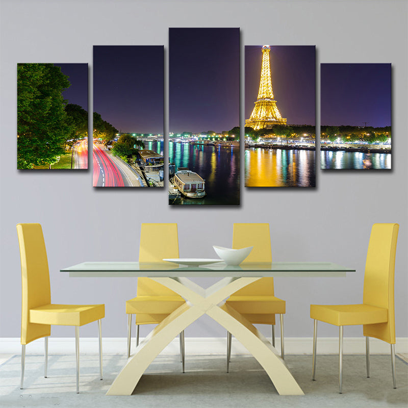 Canvas Green Wall Decor Global Inspired Riverside Eiffel Tower Night Scene Art Print Clearhalo 'Arts' 'Canvas Art' 1640279