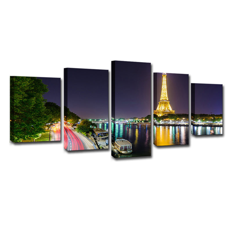 Canvas Green Wall Decor Global Inspired Riverside Eiffel Tower Night Scene Art Print Clearhalo 'Arts' 'Canvas Art' 1640280