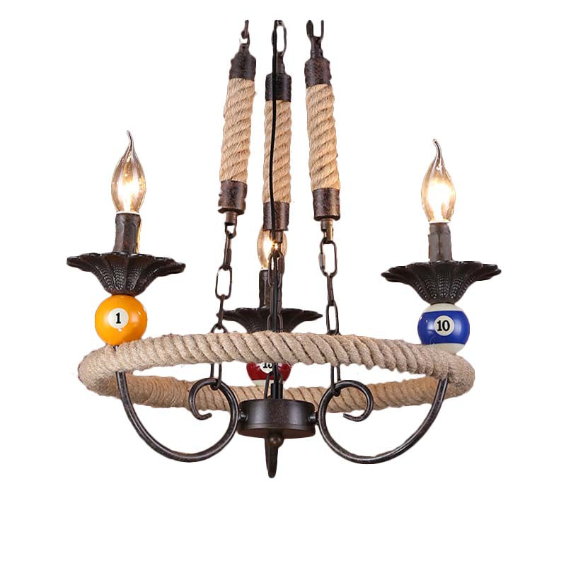Roped Ring Bar Hanging Lamp Industrial Style Metal 3/6 Lights Rust Chandelier Lighting with Billiard Ball Decoration Clearhalo 'Cast Iron' 'Ceiling Lights' 'Chandeliers' 'Industrial Chandeliers' 'Industrial' 'Metal' 'Middle Century Chandeliers' 'Rustic Chandeliers' 'Tiffany' Lighting' 164029