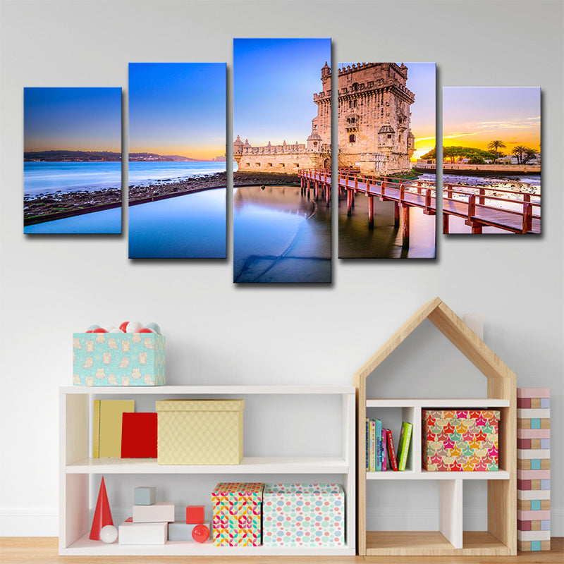Belem Tower Scenery Wall Decor in Blue Canvas Art Print for Bedroom, Multi-Piece - Blue - Clearhalo - 'Arts' - 'Canvas Art' - 1640291