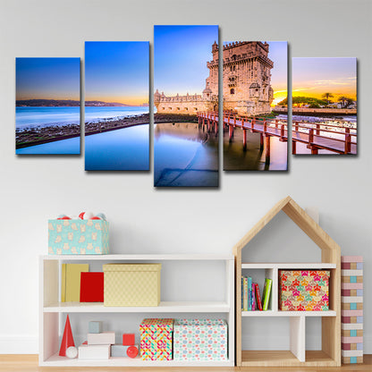 Belem Tower Scenery Wall Decor in Blue Canvas Art Print for Bedroom, Multi-Piece Blue Clearhalo 'Arts' 'Canvas Art' 1640291