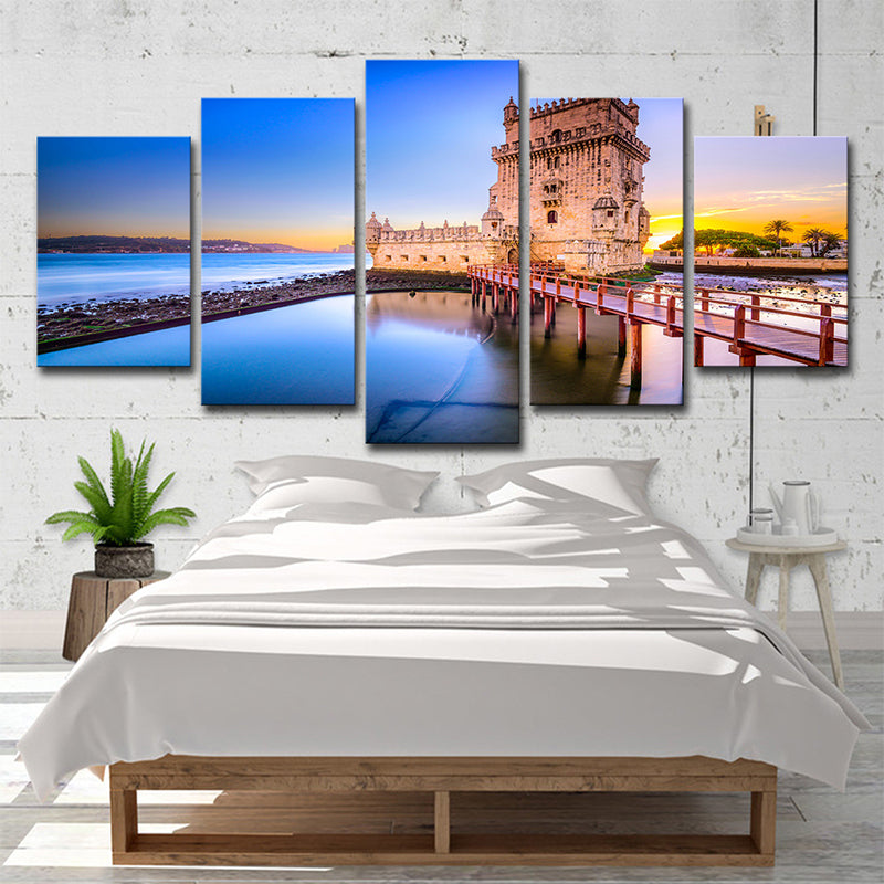 Belem Tower Scenery Wall Decor in Blue Canvas Art Print for Bedroom, Multi-Piece Clearhalo 'Arts' 'Canvas Art' 1640292