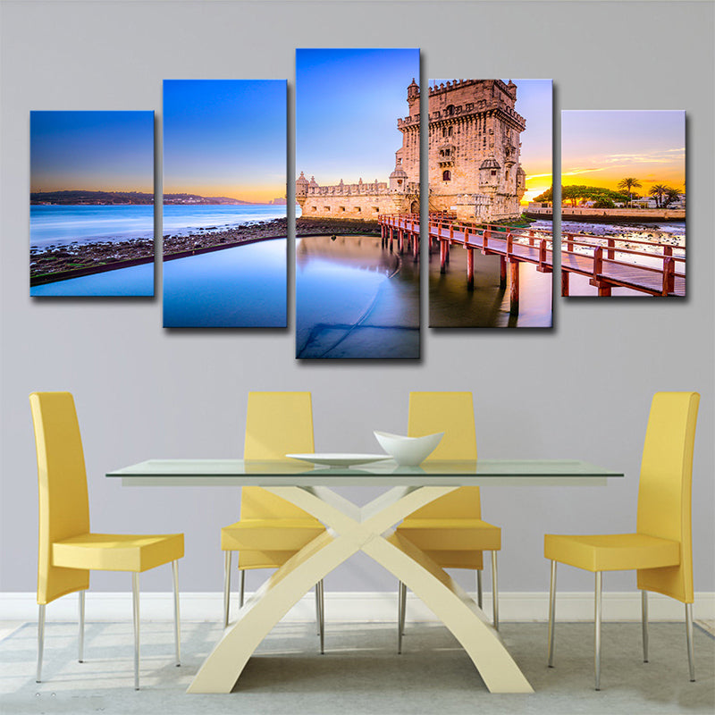 Belem Tower Scenery Wall Decor in Blue Canvas Art Print for Bedroom, Multi-Piece - Clearhalo - 'Arts' - 'Canvas Art' - 1640293