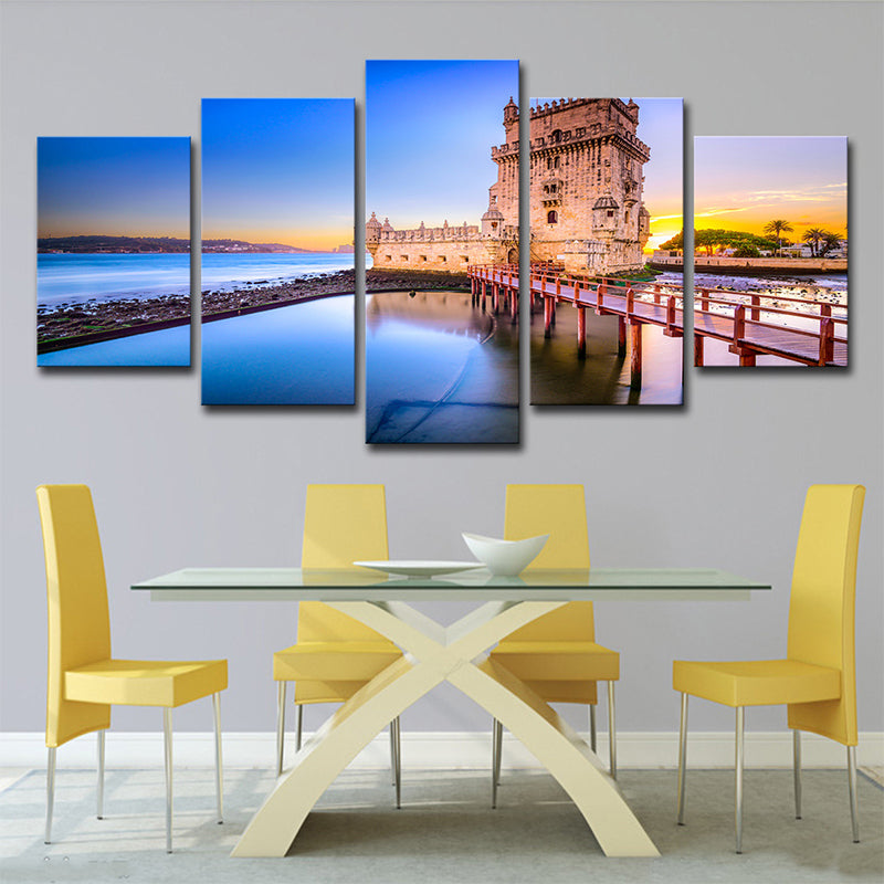 Belem Tower Scenery Wall Decor in Blue Canvas Art Print for Bedroom, Multi-Piece Clearhalo 'Arts' 'Canvas Art' 1640293