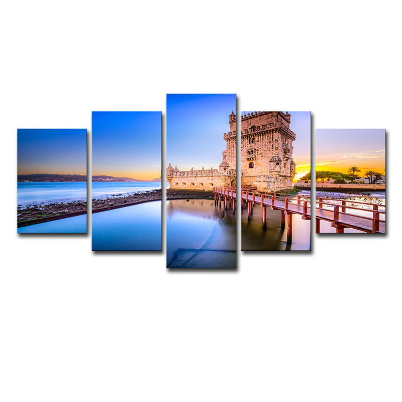 Belem Tower Scenery Wall Decor in Blue Canvas Art Print for Bedroom, Multi-Piece Clearhalo 'Arts' 'Canvas Art' 1640294