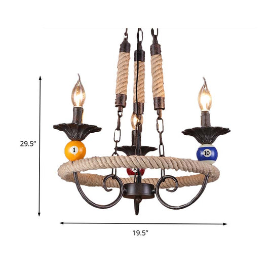 Roped Ring Bar Hanging Lamp Industrial Style Metal 3/6 Lights Rust Chandelier Lighting with Billiard Ball Decoration Clearhalo 'Cast Iron' 'Ceiling Lights' 'Chandeliers' 'Industrial Chandeliers' 'Industrial' 'Metal' 'Middle Century Chandeliers' 'Rustic Chandeliers' 'Tiffany' Lighting' 164030