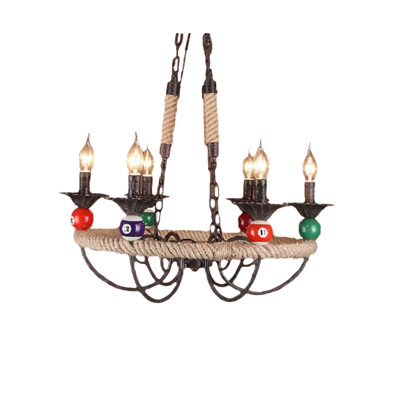 Roped Ring Bar Hanging Lamp Industrial Style Metal 3/6 Lights Rust Chandelier Lighting with Billiard Ball Decoration Clearhalo 'Cast Iron' 'Ceiling Lights' 'Chandeliers' 'Industrial Chandeliers' 'Industrial' 'Metal' 'Middle Century Chandeliers' 'Rustic Chandeliers' 'Tiffany' Lighting' 164033