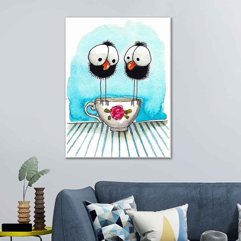 Childrens Art Birdies Painting Pastel Color Kids Bedroom Canvas Print, Textured Surface Blue Clearhalo 'Art Gallery' 'Canvas Art' 'Kids' Arts' 1640385
