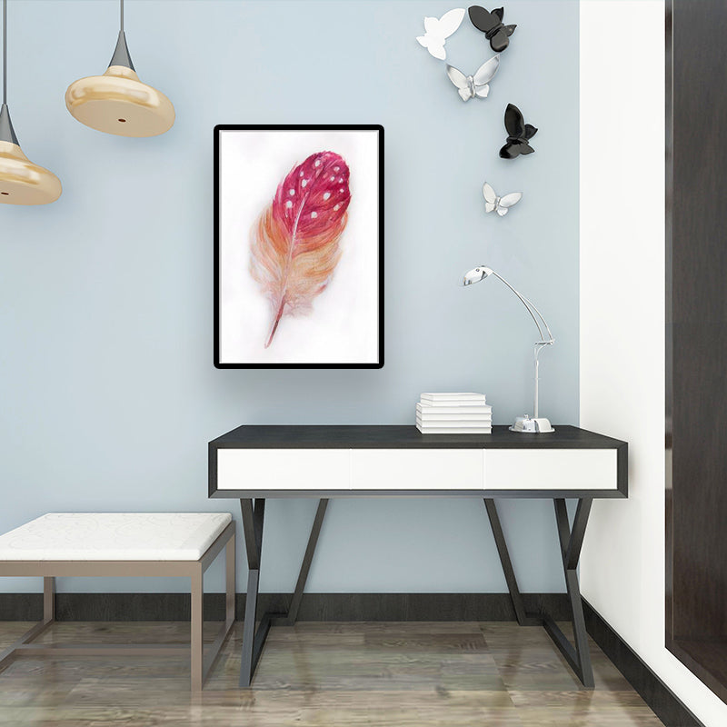Feather Wall Art Decor Textured Nordic Style Bedroom Canvas Print in Red on White Clearhalo 'Arts' 'Canvas Art' 1640470