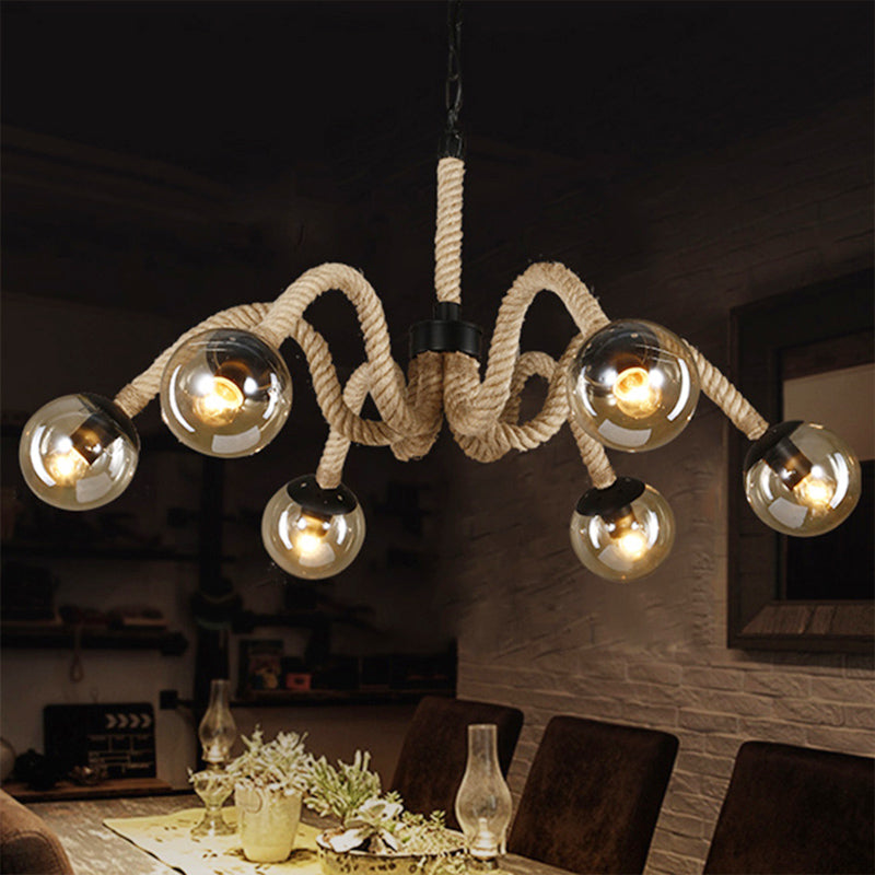 Rope Beige Chandelier Lamp Industrial Loft 6 Heads Ceiling Light with Tan Glass Round Shade for Bar Beige Clearhalo 'Ceiling Lights' 'Chandeliers' 'Close To Ceiling Lights' 'Glass shade' 'Glass' 'Industrial Chandeliers' 'Industrial' 'Middle Century Chandeliers' 'Tiffany' Lighting' 164061