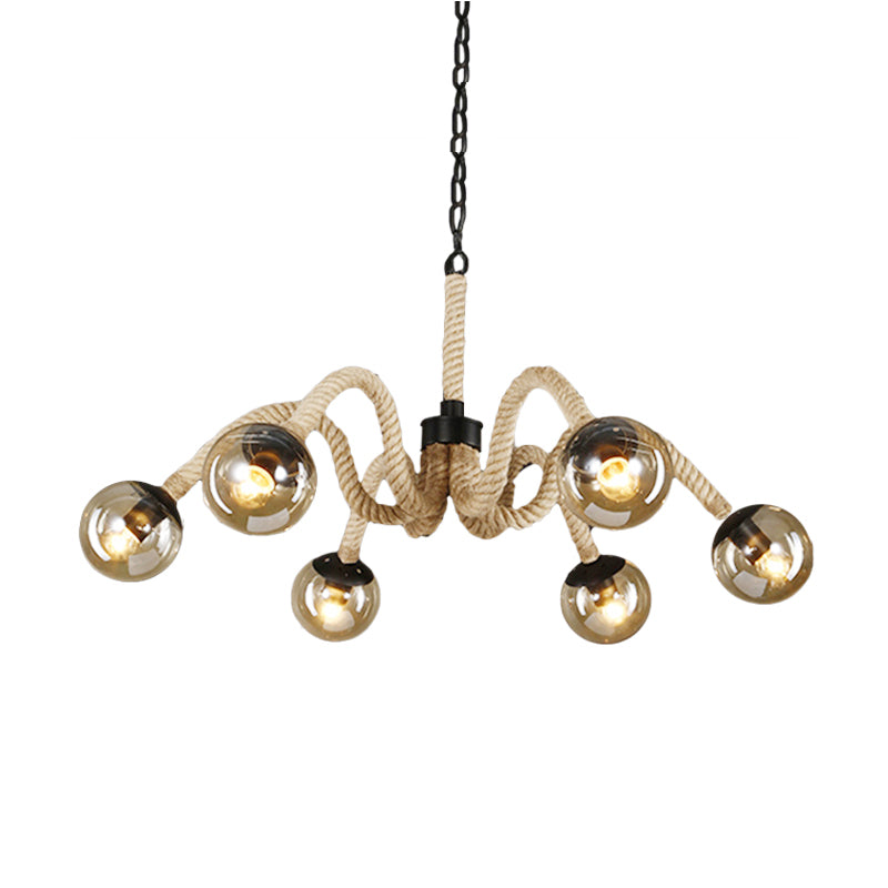 Rope Beige Chandelier Lamp Industrial Loft 6 Heads Ceiling Light with Tan Glass Round Shade for Bar Clearhalo 'Ceiling Lights' 'Chandeliers' 'Close To Ceiling Lights' 'Glass shade' 'Glass' 'Industrial Chandeliers' 'Industrial' 'Middle Century Chandeliers' 'Tiffany' Lighting' 164063