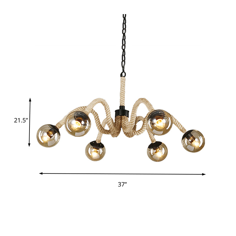 Rope Beige Chandelier Lamp Industrial Loft 6 Heads Ceiling Light with Tan Glass Round Shade for Bar Clearhalo 'Ceiling Lights' 'Chandeliers' 'Close To Ceiling Lights' 'Glass shade' 'Glass' 'Industrial Chandeliers' 'Industrial' 'Middle Century Chandeliers' 'Tiffany' Lighting' 164064